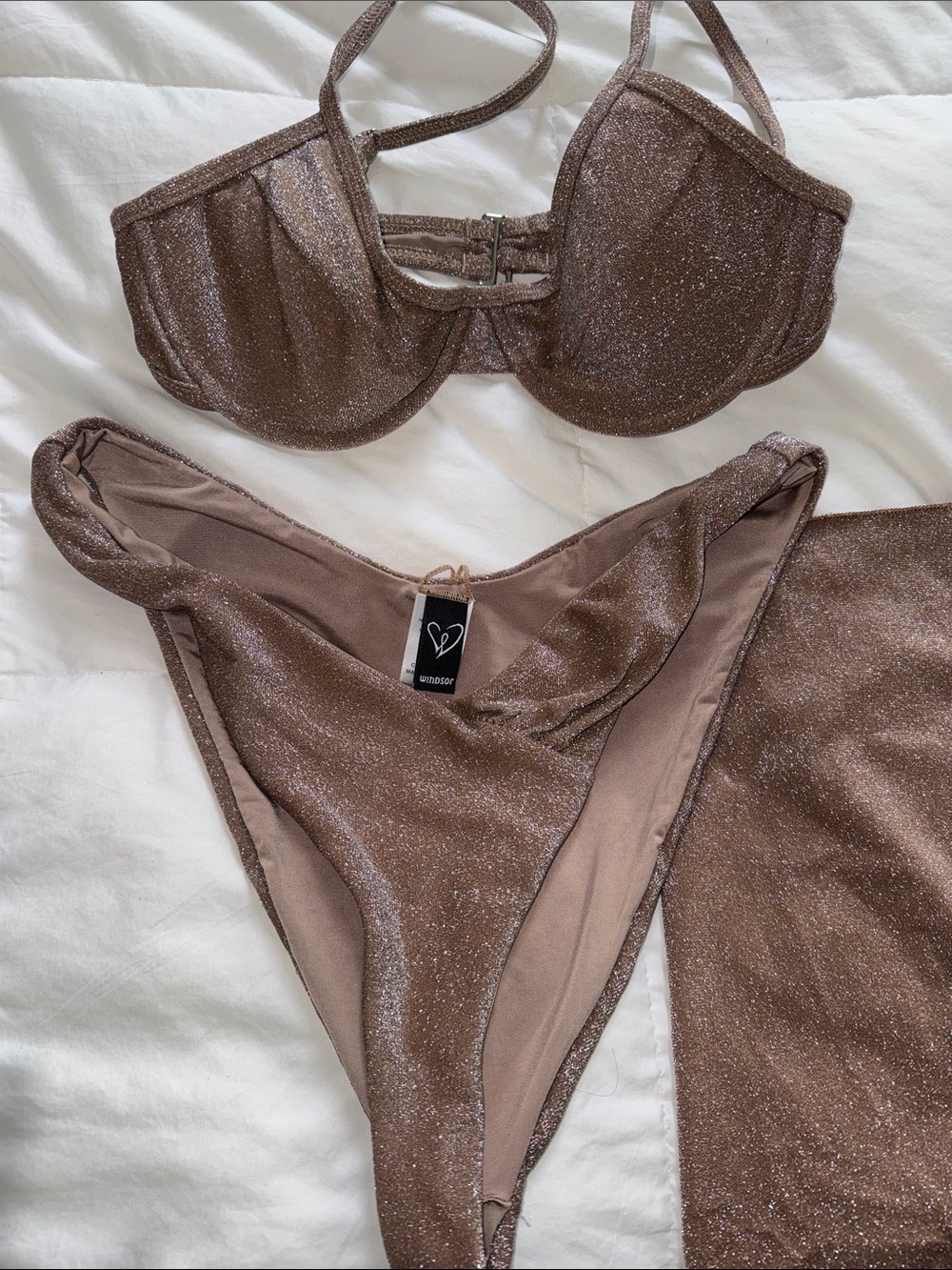 3 piece Sparkling Bronze Bikini Set with Wrap Skirt - Picture 2 of 3